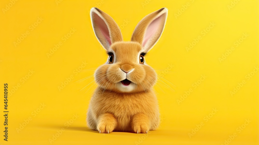  a small rabbit sitting on top of a yellow background with a surprised look on its face.  generative ai