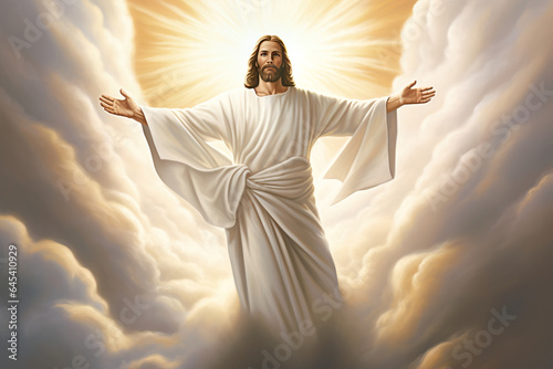 Jesus Christ, son of God, stands above the clouds in heaven. wearing a robe with arms stretched and bright beams of light eminate