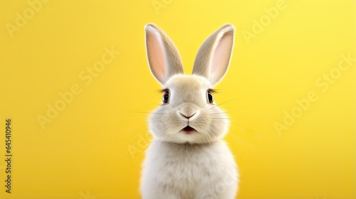  a white rabbit sitting on top of a yellow floor next to a yellow wall. generative ai