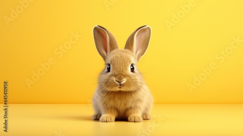  a small rabbit sitting on top of a yellow floor next to a yellow wall.  generative ai