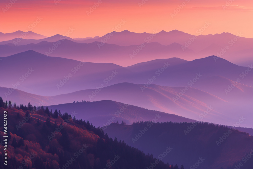 Abstract background of overlapping hills, Pink and purple hazy mountain view,  mountains, ridges, dynamic colurful sky