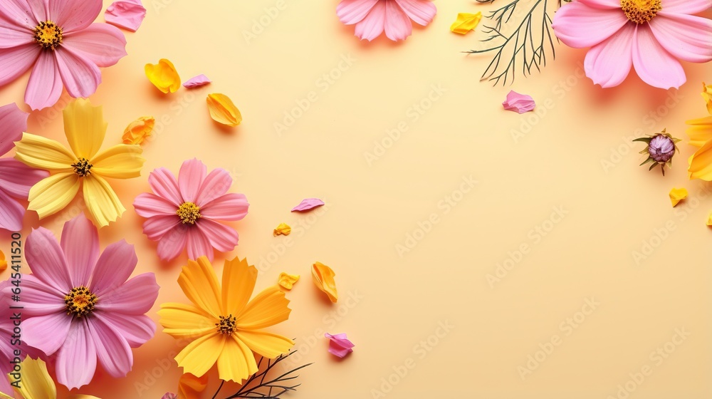 a bunch of flowers that are on a yellow background with pink and yellow petals. generative ai a bunch of flowers that are on a yellow background with pink and yellow petals. generative ai