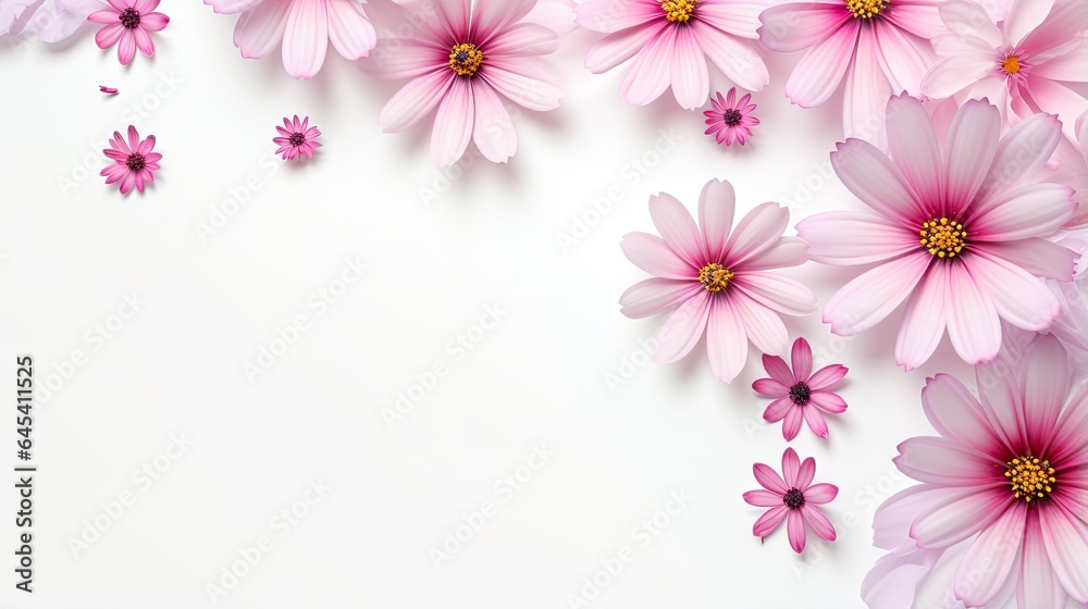  a bunch of pink flowers are on a white background with space for text.  generative ai