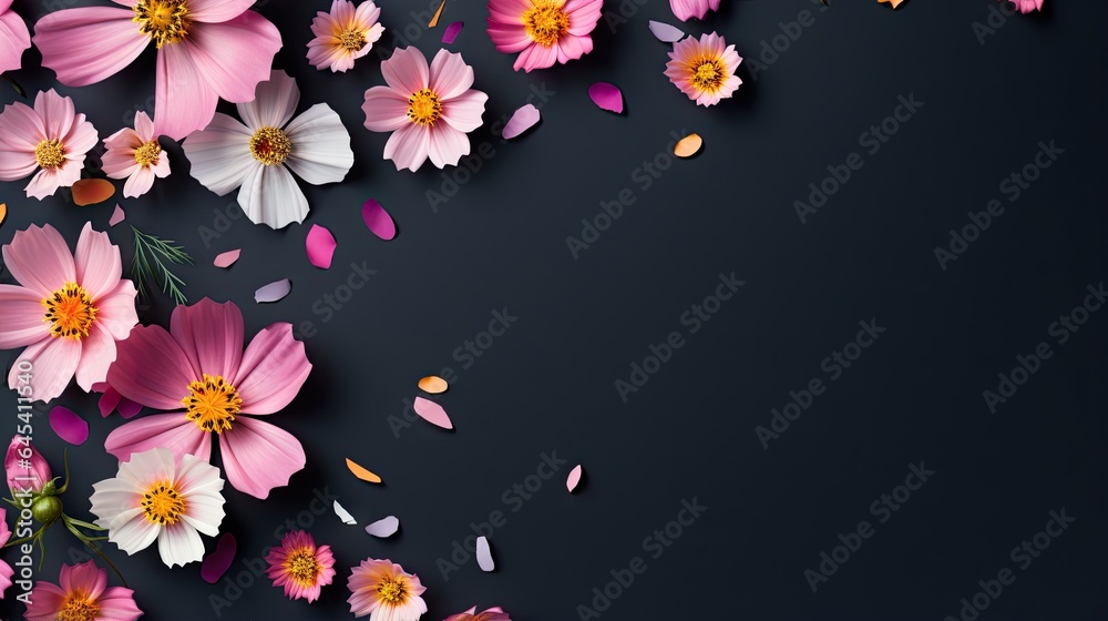  a bunch of pink and white flowers on a black background.  generative ai