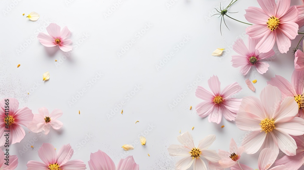  a group of pink flowers on a white background with a place for text.  generative ai