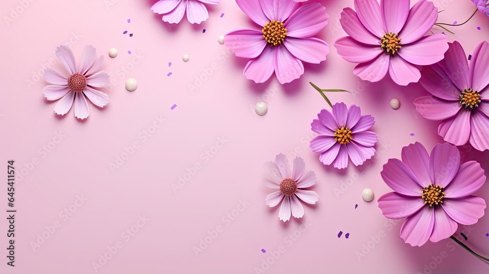 a pink background with pink and white flowers and confetti. generative ai a pink background with pink and white flowers and confetti. generative ai