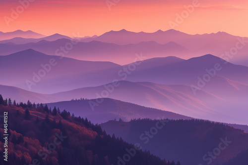Abstract background of overlapping hills, Pink and purple hazy mountain view,  mountains, ridges, dynamic colurful sky © Nick