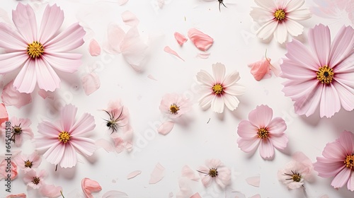  pink and white flowers on a white surface with petals scattered around.  generative ai