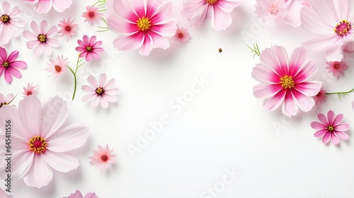  a bunch of pink flowers on a white background with space for text. generative ai