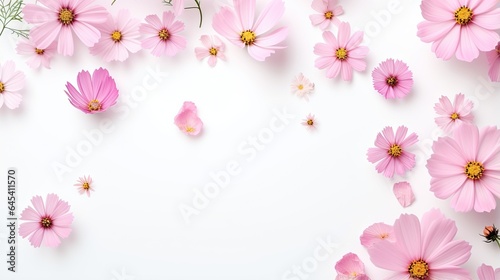  a bunch of pink flowers on a white background with space for text. generative ai