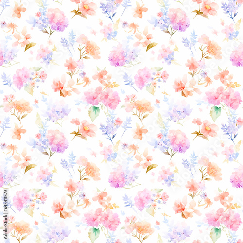 Seamless watercolor floral patterns, with flowers and foliage. Japanese abstract style. Use for wallpapers, backgrounds, packaging design, or web design © Laura