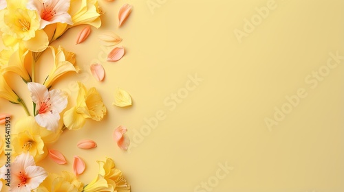  yellow and pink flowers on a yellow background with a place for text. generative ai