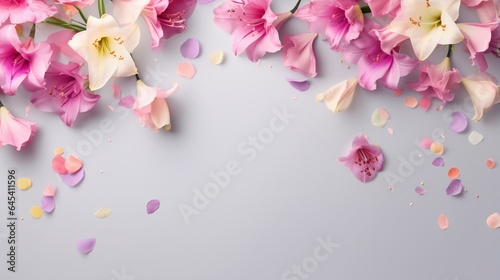  pink and white flowers on a gray background with confetti. generative ai