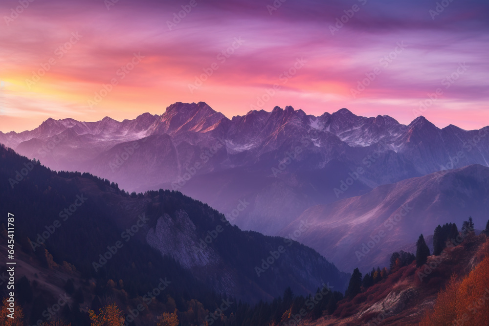 Pink and purple hazy mountain view, abstract background of overlapping hills, mountains, ridges, dynamic colurful sky