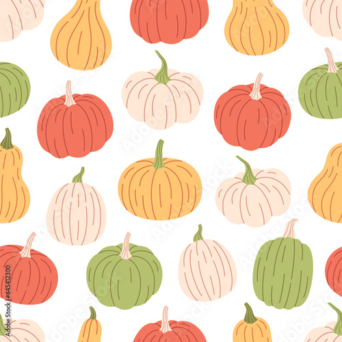 Pumpkins seamless pattern. Hello autumn  autumn harvest  farming. Flat  hand drawn texture for wallpaper  textile  fabric  paper. Hand drawn vector illustration