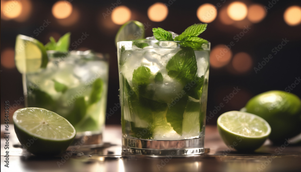 Fototapeta premium Refreshing alcohol drink cocktail with fruit berries and mint leaves on bar counter bokeh background 