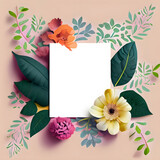 Creative layout made of flowers and leaves with paper card note. Flat lay. Nature concept.