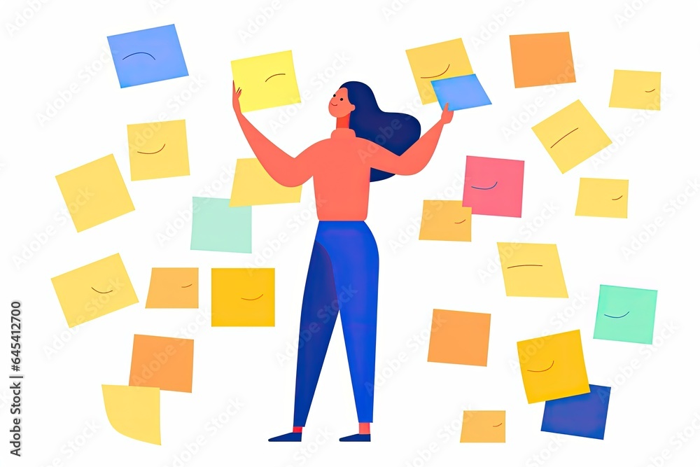 A minimalist character illustration of a person using sticky notes, in a 2D style. Generative AI. A minimalist character illustration of a person using sticky notes, in a 2D style. Generative AI.