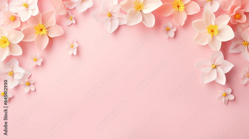 a pink background with white and yellow flowers on top of it. generative ai a pink background with white and yellow flowers on top of it. generative ai