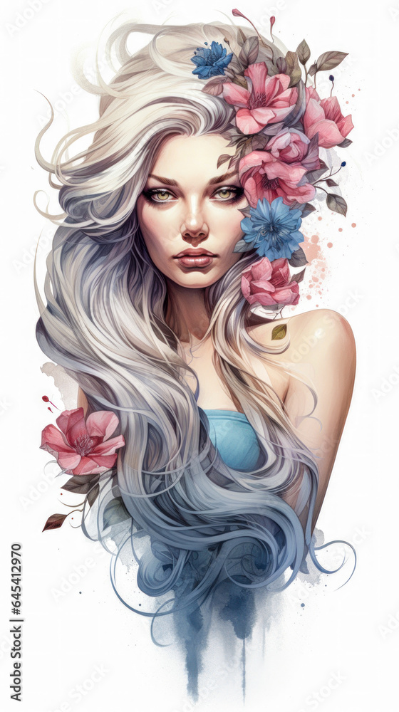 Fototapeta premium Tattoo Submission Template Brainstorming Devine Woman and Flowers Digital Art Generative AI Background Cover Magazin 