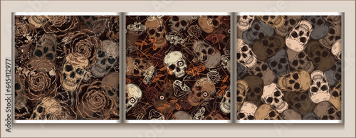 Brown grunge camouflage patterns with human skulls, outline mushrooms, roses. Grunge style. Textured background behind. Good for apparel, clothing, fabric, textile, sport goods.