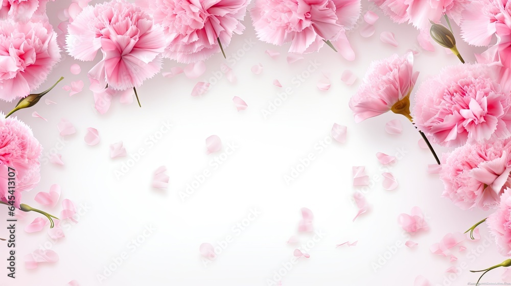  pink carnations on a white background with petals scattered around.  generative ai