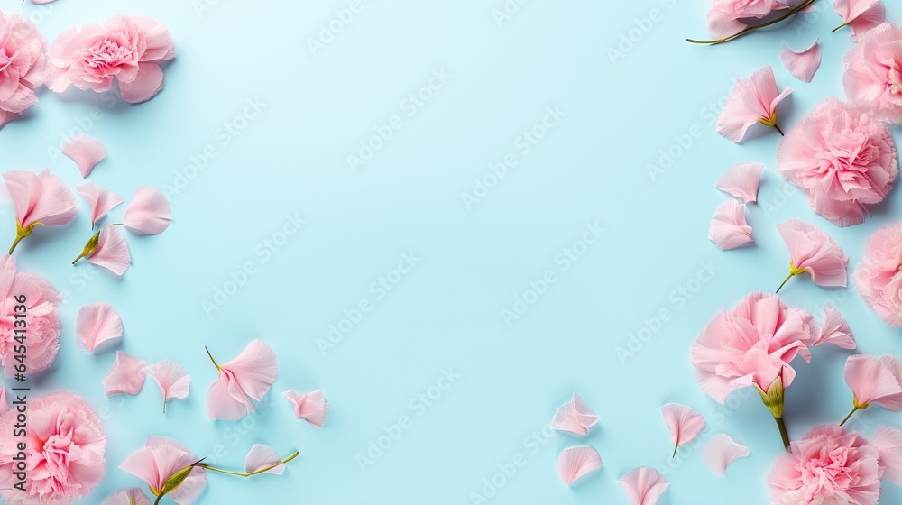  pink flowers on a blue background with petals scattered around them.  generative ai