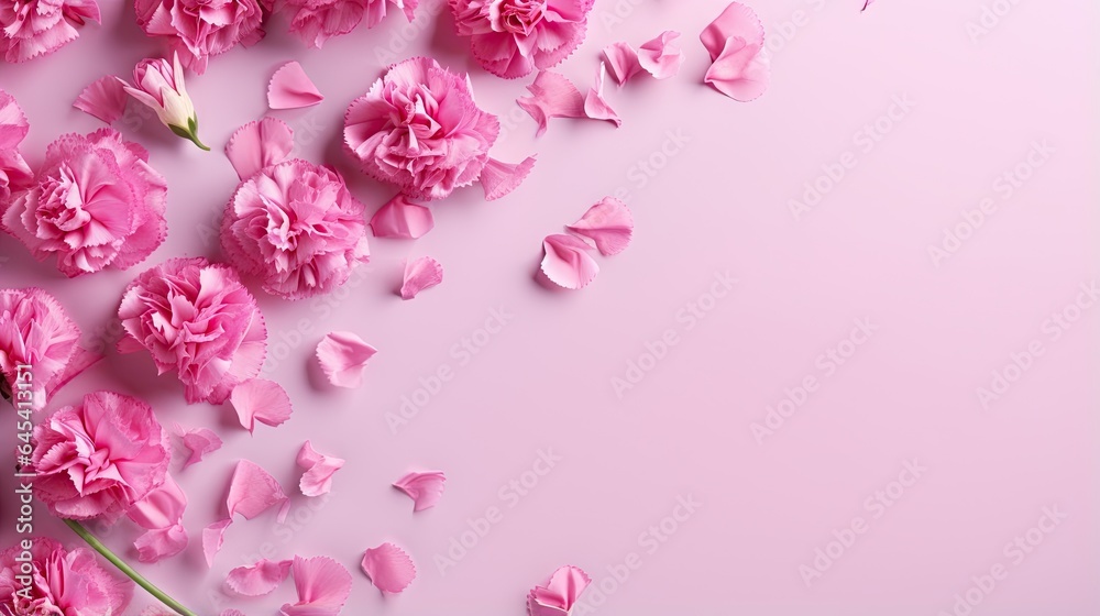  pink flowers are scattered on a pink surface with a pink background.  generative ai