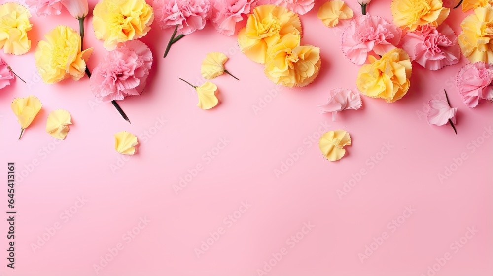  a pink background with yellow and pink flowers on the side.  generative ai