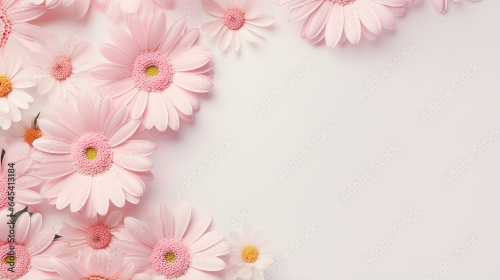  a bunch of pink daisies on a white background with a place for text.  generative ai