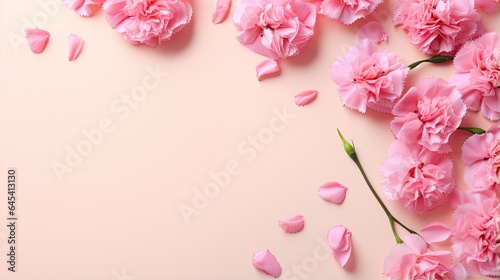  pink carnations on a pink background with petals scattered around. generative ai