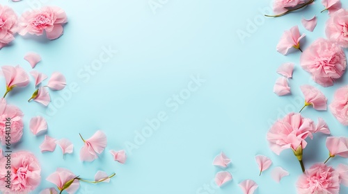  pink flowers on a blue background with petals scattered around them. generative ai