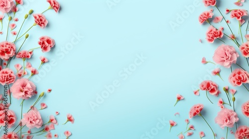  pink carnations on a blue background with space for text. generative ai