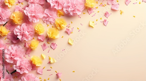  pink and yellow flowers on a pink background with confetti. generative ai