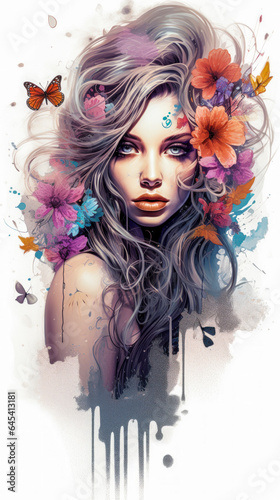 Tattoo Submission Template Brainstorming Devine Woman and Flowers Digital Art Generative AI Background Cover Magazin 