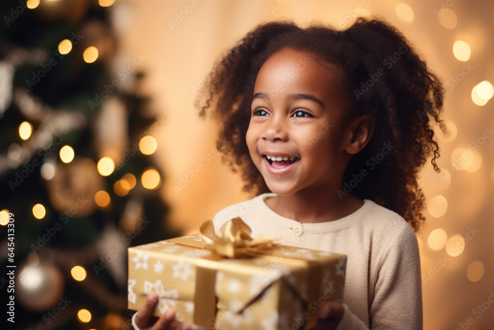 little black girld holding a big golden Christmas gift with bokeh and Christmas tree in the background little black girld holding a big golden Christmas gift with bokeh and Christmas tree in the background