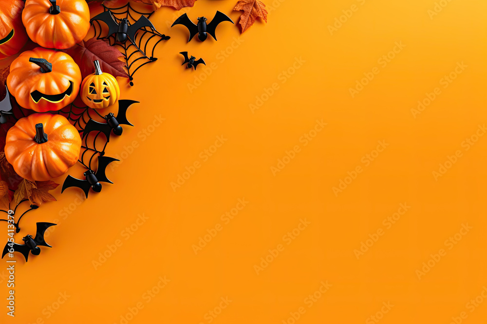 Top flat lay view of Halloween decorations with bats and pumpkins on orange background
