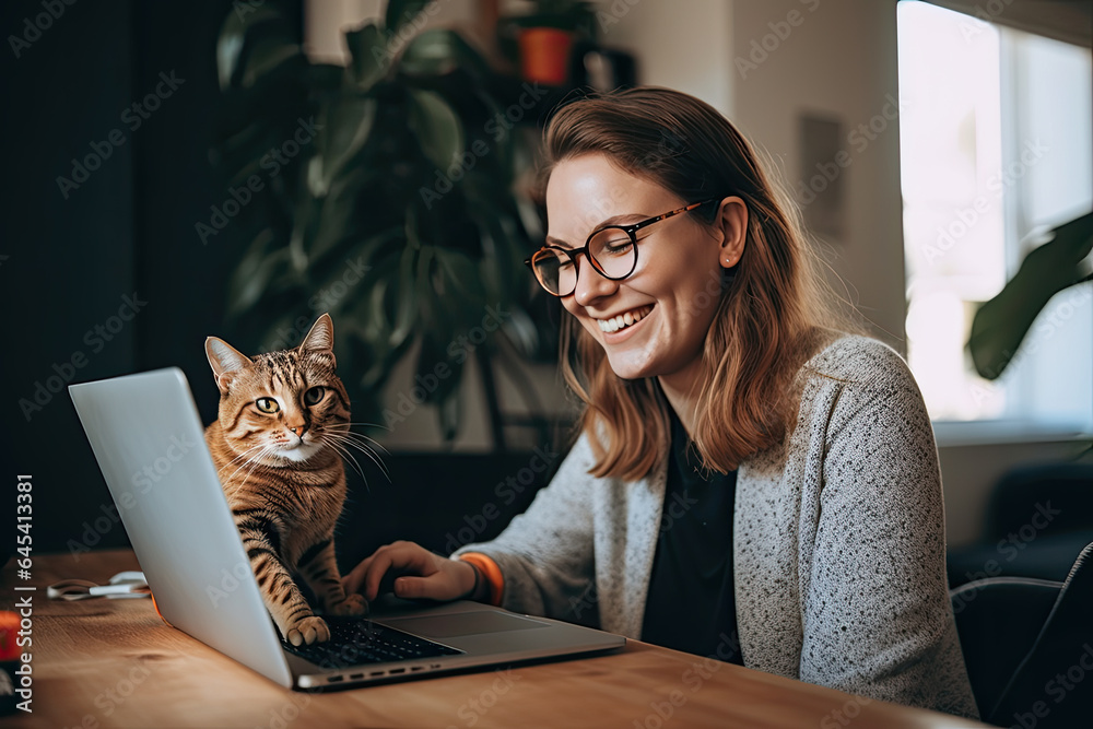 Carefree freelancer girl with glasses smiles while working at a laptop with a cat at the workplace - obrazy, fototapety, plakaty 