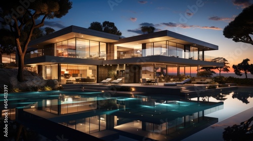 Modern architecture with a pool, concrete and glass facade at sunset © MBRAMO