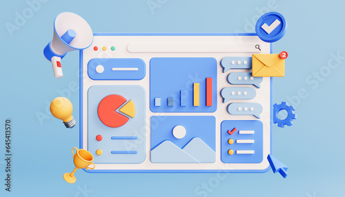 Digital marketing concept with icons, social network and media symbols. Landing page template. 3D illustration