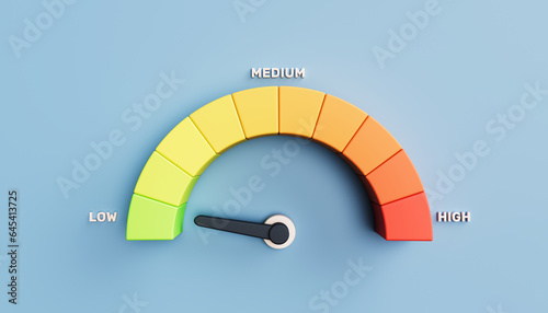 Minimal cartoon arrow point scale speed low status green speedometer icon Performance, pointer rating risk levels, meter, tachometer on purple background. 3d render illustration photo