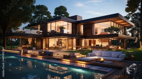 Modern house has a beautiful lawn in front of the house and swimming pool