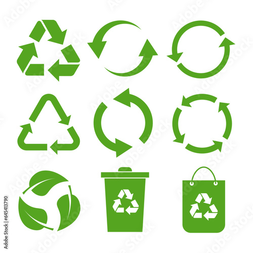 Set of green recycle icon. Recycling and rotation arrow symbols. Vector illustration isolated on white background.