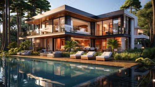 Modern house has a beautiful lawn in front of the house and swimming pool