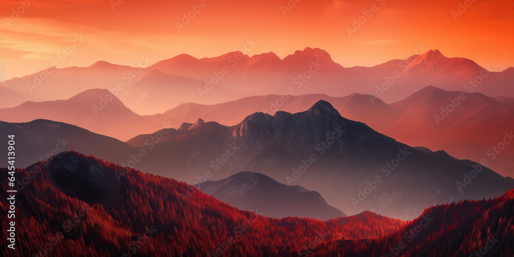Red and orange hue mountain view, ridges and cliffs, overlapping peak abstract background