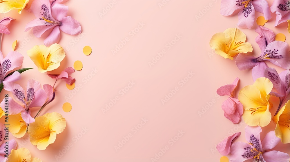  pink and yellow flowers on a pink background with polka dots.  generative ai