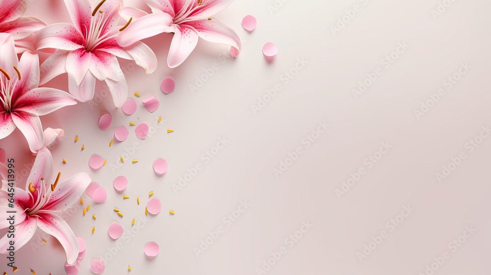 pink flowers on a white background with pink petals and petals scattered around. generative ai pink flowers on a white background with pink petals and petals scattered around. generative ai