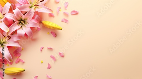  a bunch of pink and yellow flowers on a pink background. generative ai
