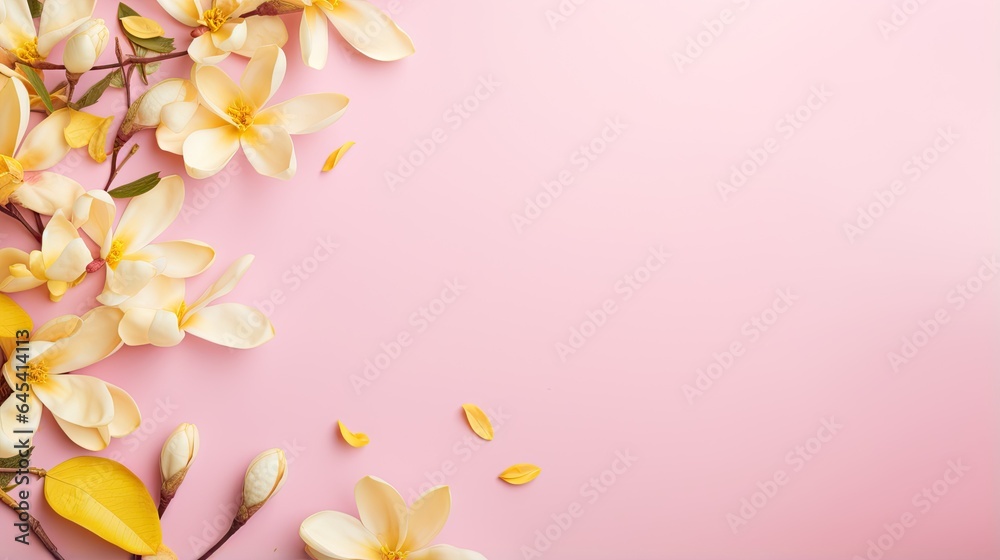  a pink background with yellow flowers and petals on it's side.  generative ai