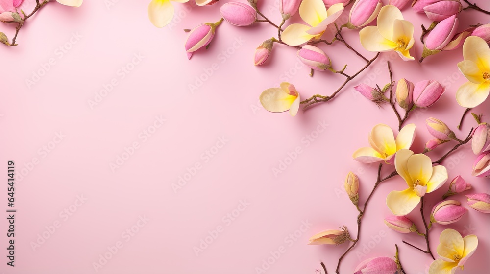  a pink background with yellow and pink flowers on the side.  generative ai
